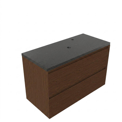 Saniclass Holz Pure Ensemble de meubles de salle de bains - 100x45x63cm - Plan vasque en basalte Noche poli (noir) - 1 trou de robinet - 2 tiroirs - walnut pure mat (bois)