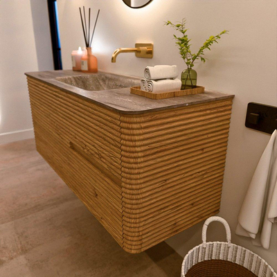 Mondiaz CIRO-DLUX Ensemble de meubles de salle de bains - 120x45x50cm - vasque solid surface Oza - 1 lavabo au milieu - sans trous de robinet - 2 tiroirs - Chêne