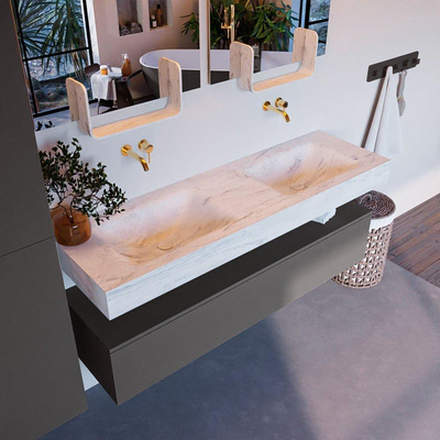 Mondiaz ALAN-DLUX Ensemble de meuble - 150cm - meuble Dark grey mat - 1 tiroir - Lavabo Cloud Opalo suspendu - vasque Gauche et droite - 0 trous de robinet