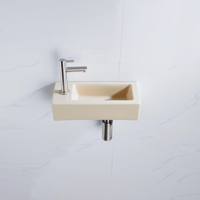 QeramiQ Fuente Fonteinset - 37.5x18.5x9cm - keramiek - kraangat links - fonteinkraan geborsteld RVS - afvoerplug - verlaagd sifon - Mat Beige