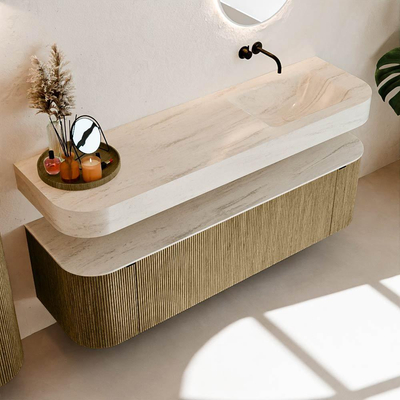 MONDIAZ THOR-DLUX 160cm meuble de salle de bains arrondi gauche + droite couleur Dusk avec 1 tiroir et 2 portes. Vasque suspendue CLOUD Droite sans trou de robinet couleur Meli.