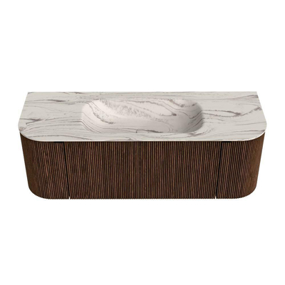 MONDIAZ KURVE-DLUX 130cm badmeubel ronding Links + Rechts kleur Walnut met 1 lade en 2 deuren. Wastafel BIG SMALL Midden 1 kraangat Nata.
