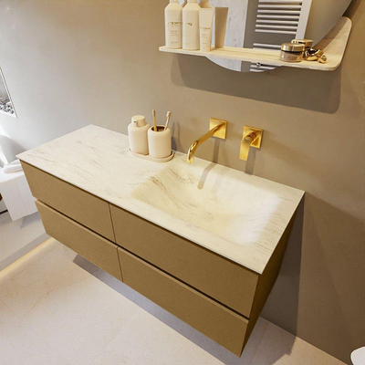 Mondiaz VICA-DLUX ensemble de meuble de salle de bain - 120cm - meuble sous-vasque oro - 4 tiroirs - lavabo encastré cloud droite - sans trous de robinet - version haute de 60cm - opalo