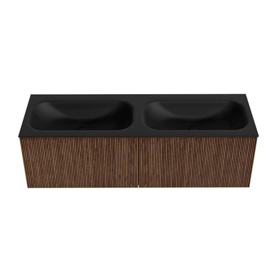 MONDIAZ KURVE 140cm Meuble salle de bain - couleur Walnut - 2 tiroirs - vasque BIG SMALL double - 2 trous de robinet - Urban