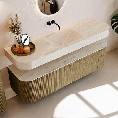 MONDIAZ THOR-DLUX 160cm meuble de salle de bains arrondi gauche + droite couleur Dusk avec 1 tiroir et 2 portes. Vasque suspendue CLOUD Centre sans trou de robinet couleur Meli.