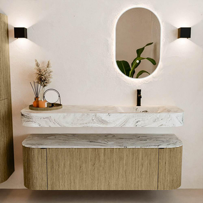 MONDIAZ THOR-DLUX 150cm meuble de salle de bains arrondi gauche + droite couleur Dusk avec 1 tiroir et 2 portes. Vasque suspendue CLOUD Droite 1 trou de robinet couleur Glace.