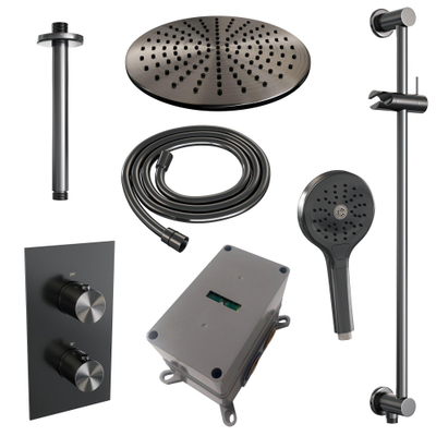 Brauer Gunmetal Edition Ensemble de douche de tête encastré - douche de tête 30 cm - 2 fonctions - barre de douche - incluant partie encastrée - douchette ronde 3 jets - PVD - gunmetal brossé