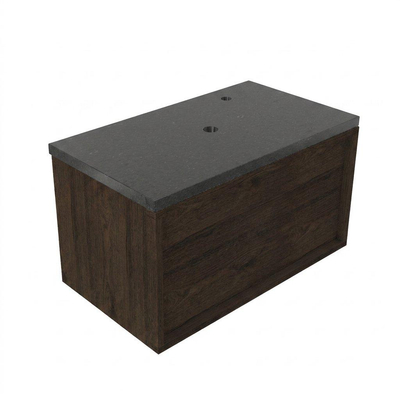 Saniclass Holz Frame Ensemble meuble de salle de bains - 80x45x43cm - Plan vasque en basalte Noche poli (noir) - 1 trou de robinetterie - 1 tiroir - chêne charcoal mat (bois)