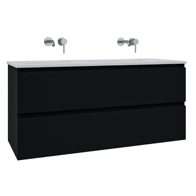 Saniclass Chaci Meuble de salle de bain - 120x46x55cm - lavabo en céramique blanc - 2 vasques - sans trous de robinet - 2 tiroirs - ronde miroir avec éclairage - noir mat
