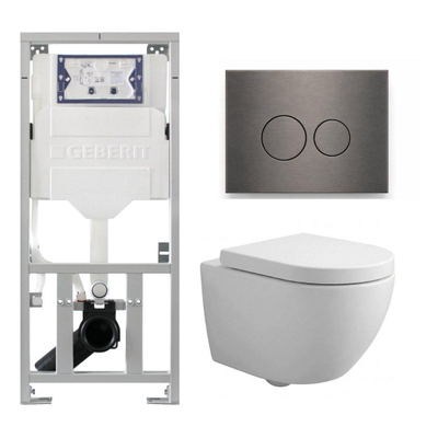 Pack WC QeramiQ Dely Swirl Compact - réservoir encastrable Geberit UP320 - avec bâti-support Burda - abattant 25 mm - plaque de commande en métal gunmetal - boutons ronds - blanc brillant