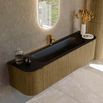 Mondiaz KURVE Ensemble de meuble salle de bain - 170x46x40cm - 1 tiroir - 2 portes - lavabo en solid surface - milieu - 1 trou de robinet - Dusk