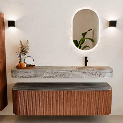 MONDIAZ THOR-DLUX Meuble de salle de bains 160cm arrondi gauche + droite couleur Ruby avec 1 tiroir et 2 portes. Vasque suspendue CLOUD Droite 1 trou de robinet couleur Oza.