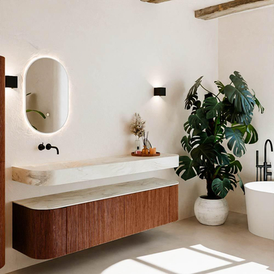 MONDIAZ THOR-DLUX 180cm meuble de salle de bains arrondi gauche + droite couleur Ruby avec 2 tiroirs et 2 portes. Vasque suspendue CLOUD Gauche sans trou de robinet couleur Ostra.