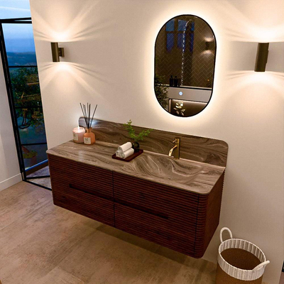 Mondiaz CIRO-DLUX Badkamermeubelset - 140x45x50cm - Solid surface wastafel Sombra - 1 wasbak Rechts - 1 kraangat - 4 lades - Ruby