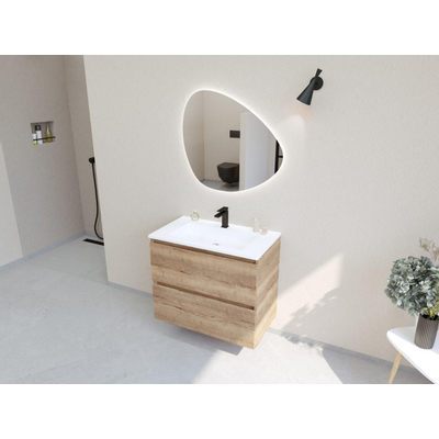 HR badmeubelen Infinity XXL 3D Ensemble meuble de salle de bains - 80 cm - 1 lavabo en céramique thin mat blanc - 1 trou de robinet - 2 tiroirs - chêne français