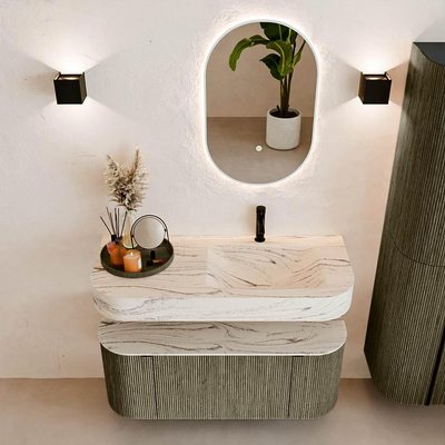 MONDIAZ THOR-DLUX Meuble de salle de bains - 110cm - arrondi gauche + droite - couleur Shadow - 1 tiroir - 2 portes - Vasque suspendue CLOUD Droite 1 trou de robinet couleur Nata