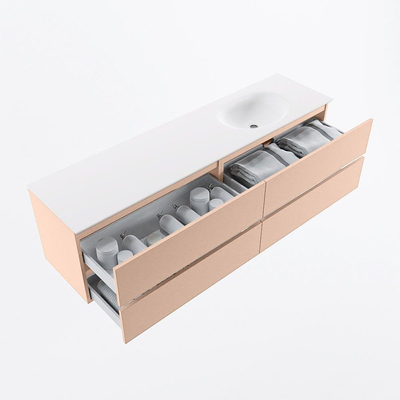MONDIAZ Vica Ensemble de meuble de salle de bains - 180cm - meuble bas rosee - 4 tiroirs - lavabo moon à droite - sans trous de robinet - version haute 60cm - talc