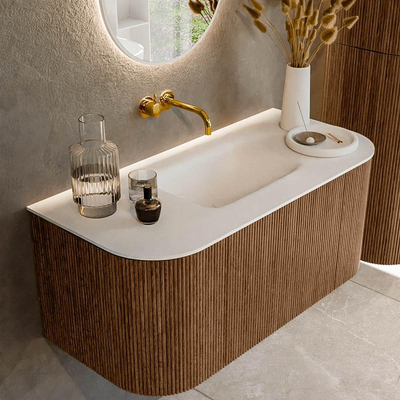 MONDIAZ KURVE 100cm Meuble salle de bain avec module 25 G et D - couleur Walnut - 1 tiroir - 2 portes - vasque GRUNNE centre - sans trous de robinet - Talc