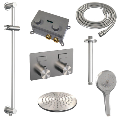 BRAUER Brushed Edition Douche de pluie thermostatique encastrée - boutons-poussoirs - SET 71 - pomme de douche 20cm - bras de plafond - douchette 3 jets - flexible de douche - barre de douche intégrée - Inox brossé PVD