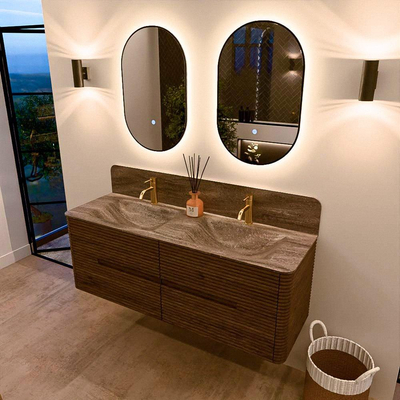 Mondiaz CIRO-DLUX Badkamermeubelset - 140x45x50cm - Solid surface wastafel Oza - 2 wasbak Dubbel - 2 kraangaten - 4 lades - Dusk