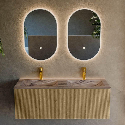 MONDIAZ KURVE-DLUX Meuble de salle de bains 120cm couleur Dusk avec 1 tiroir et 0 porte. Lavabo LEAF Double 2 trous de robinet Sombra.