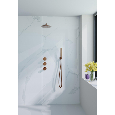 Fortifura Nebbio Regendoucheset - inbouwkraan - inbouwdeel - wandaansluitbocht - doucheslang glad - staafhanddouche - 35cm - wandarm - 30cm ronde hoofddouche - PVD - geborsteld koper