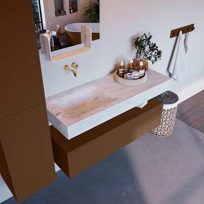 Mondiaz ALAN-DLUX Ensemble de meuble - 120cm - meuble Rust mat - 1 tiroir - Lavabo Cloud Opalo suspendu - vasque Gauche - 0 trous de robinet