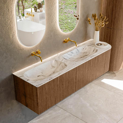 MONDIAZ KURVE-DLUX 165cm Meuble salle de bain avec module 25 D - couleur Walnut - 2 tiroirs - 1 porte - vasque STOR SMALL double / gauche - sans trou de robinet - couleur Glace