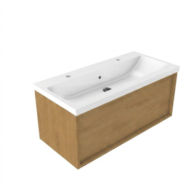 Saniclass Holz Frame Ensemble meuble de salle de bains - 100x45x43.5cm - Bari lavabo en céramique blanc - 1 vasque - 2 trous de robinetterie - 1 tiroir - chêne natural mat (bois)