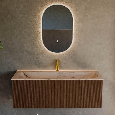 MONDIAZ KURVE-DLUX 120cm badmeubel kleur Walnut met 1 lade en 0 deuren. Wastafel BIG LARGE Midden 1 kraangat Arena.