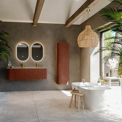 MONDIAZ KURVE-DLUX 145cm meuble de salle de bains arrondi à gauche couleur Ruby avec 1 tiroir et 1 porte. Lavabo BIG LARGE à droite 2 trous de robinet Oza.