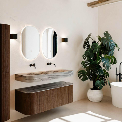 MONDIAZ THOR-DLUX 130cm meuble de salle de bains arrondi gauche + droite couleur Walnut avec 1 tiroir et 2 portes. Vasque suspendue CLOUD Double sans trou de robinet couleur Sombra.