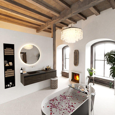 MONDIAZ BUKLA Meuble de salle de bains 140 cm avec module 60 couleur Dark Brown avec 2 tiroirs. Lavabo CLOUD gauche 0 trou de robinet couleur Urban.