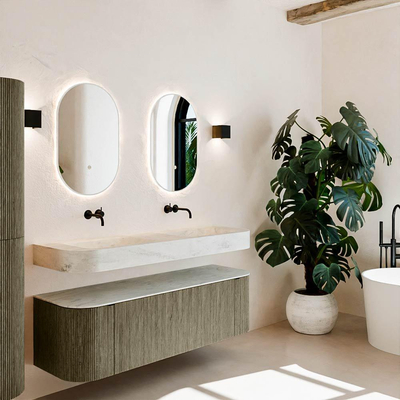 MONDIAZ THOR-DLUX 150cm meuble de salle de bains arrondi gauche + droite couleur Shadow avec 1 tiroir et 2 portes. Vasque suspendue CLOUD Double sans trou de robinet couleur Opalo.