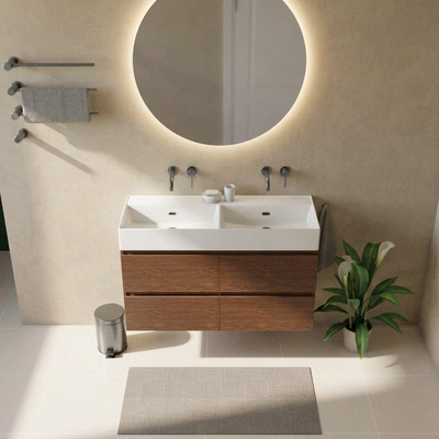 Saniclass Holz Pure Ensemble de meubles de salle de bains - 120x45x72cm - lavabo Legend en céramique blanc - 2 vasques - sans trous de robinet - 4 tiroirs - walnut pure mat (bois)