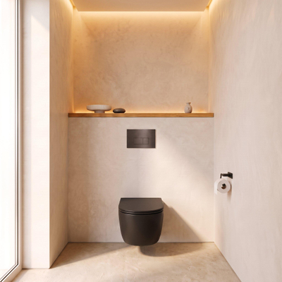 QeramiQ Dely Swirl Toiletset - 36.3x51.7cm - Geberit UP320 inbouwreservoir - met Burda frame - slim zitting - gunmetal bedieningsplaat - rechthoekige knoppen - mat zwart