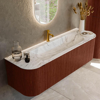 Mondiaz KURVE-DLUX Badkamermeubelset - 150x46x40cm - 1 lade - 2 deuren - wastafel solid surface - midden - 1 kraangat - Ruby