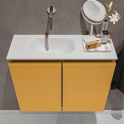 MONDIAZ TURE Toiletmeubel 60x23x50cm met 0 kraangaten 2 deuren ocher mat Wastafel Eden links Solid Surface Wit