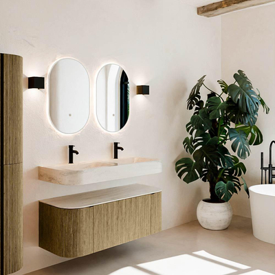 MONDIAZ THOR-DLUX 120cm meuble de salle de bains arrondi gauche + droite couleur Dusk avec 1 tiroir et 2 portes. Vasque suspendue CLOUD Double 2 trous de robinet couleur Meli.