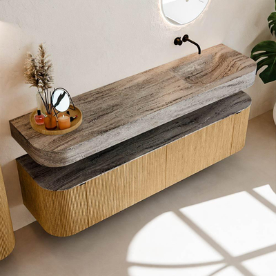 MONDIAZ THOR-DLUX 180cm badmeubel ronding links + rechts kleur Oak met 2 lades en 2 deuren. Vrijhangende wastafel CLOUD Rechts zonder kraangat kleur Oza.