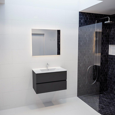 ENSEMBLE DE MEUBLE MONDIAZ VICA - 80cm - 2 tiroirs - lavabo Denia milieu - 1 trou de robinet - solid surface gris foncé
