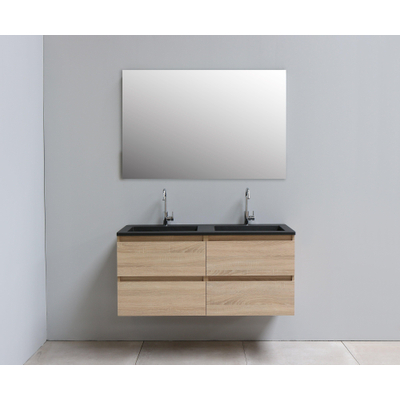 Basic Bella Meuble salle de bains avec lavabo acrylique Noir avec miroir 120x55x46cm 2 trous de robinet Chêne