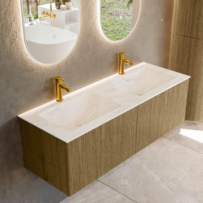 Mondiaz KURVE-DLUX Badkamermeubelset - 130x46x40cm - 2 lade - wastafel solid surface - dubbel - 2 kraangaten - Dusk