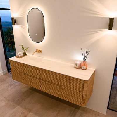 Mondiaz CIRO-DLUX Ensemble de meubles de salle de bains - 180x45x50cm - plan-vasque Solid surface Meli - 1 lavabo à gauche - sans trous de robinetterie - 4 tiroirs - Chêne