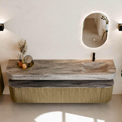 MONDIAZ THOR-DLUX Meuble de salle de bains - 200cm - arrondi gauche + droite - couleur Dusk - 2 tiroirs et 2 portes - Vasque suspendue CLOUD droite 1 trou de robinet - couleur Oza