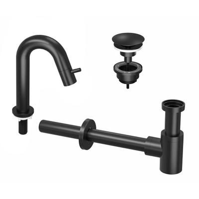 INK 4A Kit robinet lave-mains - robinet lave-mains sur pied - courbé bas - toujours ouvert - bonde et siphon design - noir mat