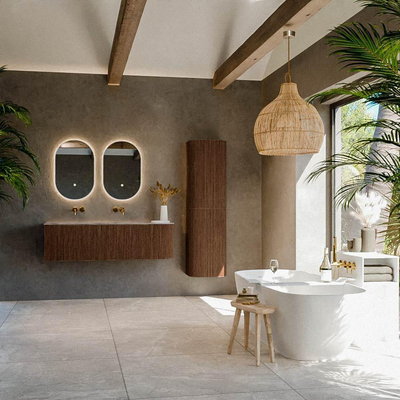 MONDIAZ KURVE-DLUX Meuble de salle de bains 145cm arrondi à droite couleur Walnut avec 1 tiroir et 1 porte. Vasque BIG LARGE à gauche sans trou de robinet Sombra.