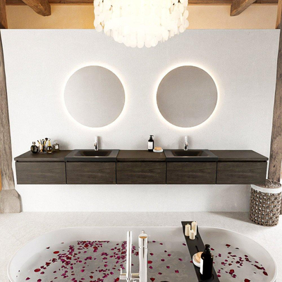 MONDIAZ BUKLA meuble de salle de bain 300cm avec module 60 couleur Marron Foncé avec 5 tiroirs. Lavabo CLOUD double 2 trous de robinet couleur Urban.