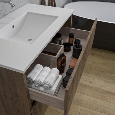 Adema Chaci Meuble salle de bain - 80x46x55cm - 1 vasque en céramique blanche- sans trou de robinet - 2 tiroirs - miroir rond avec éclairage - Noyer