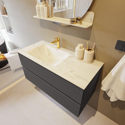 Mondiaz VICA-DLUX ensemble de meuble de salle de bain - 100cm - meuble sous-vasque gris foncé - 2 tiroirs - lavabo encastré cloud gauche - 1 trou de robinet - version haute de 60cm - opalo